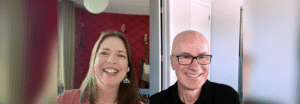 VirtualPBX COO Lon Baker and marketing team member Abby smiling and laughing during a conversation about AI solutions for small business and the future of business technology