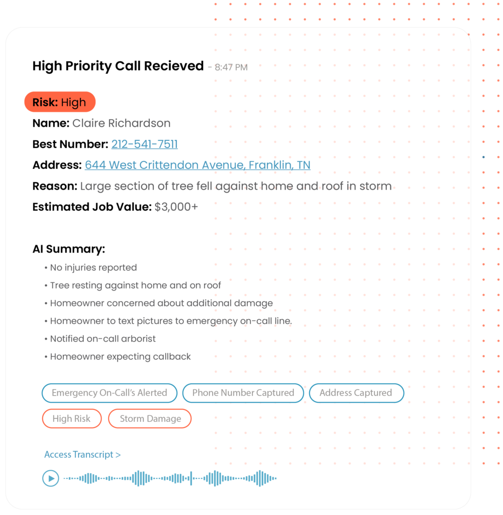 AI MessageDesk summarizes a high-priority customer call with contact details, emergency information, and follow-up actions
