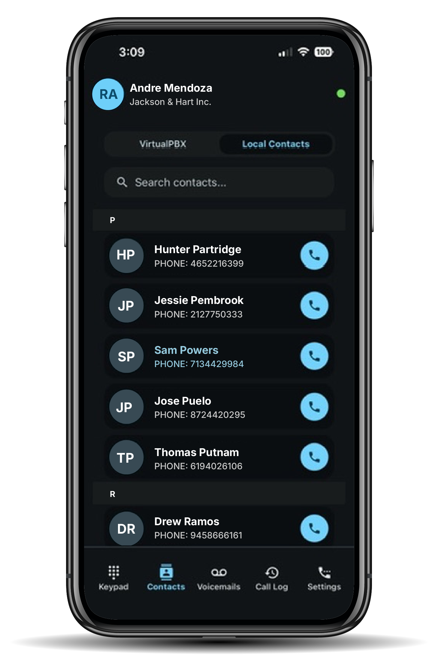 Mobile softphone app interface displaying contact list.