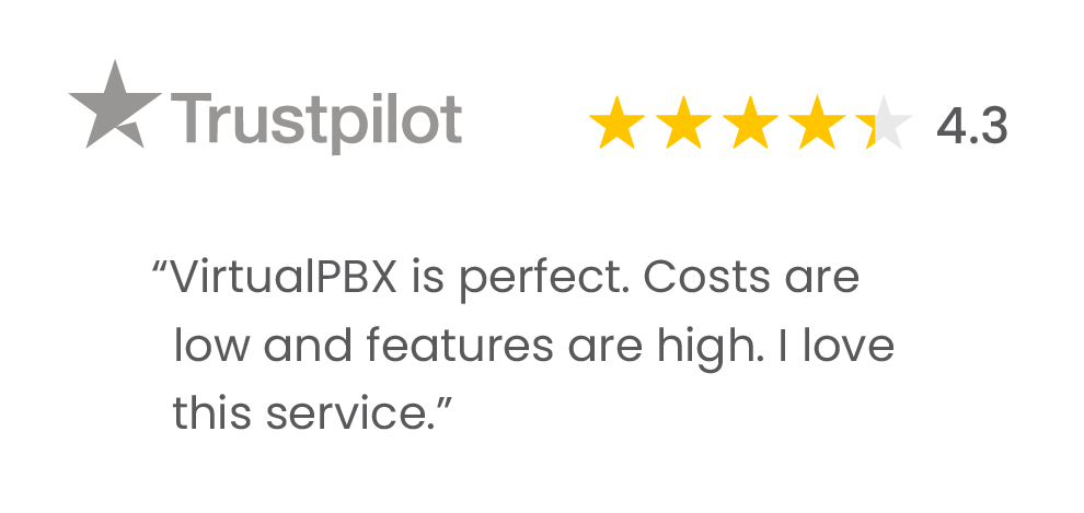 Trustpilot review highlighting the low costs and high features of our AI receptionist and VirtualPBX service.