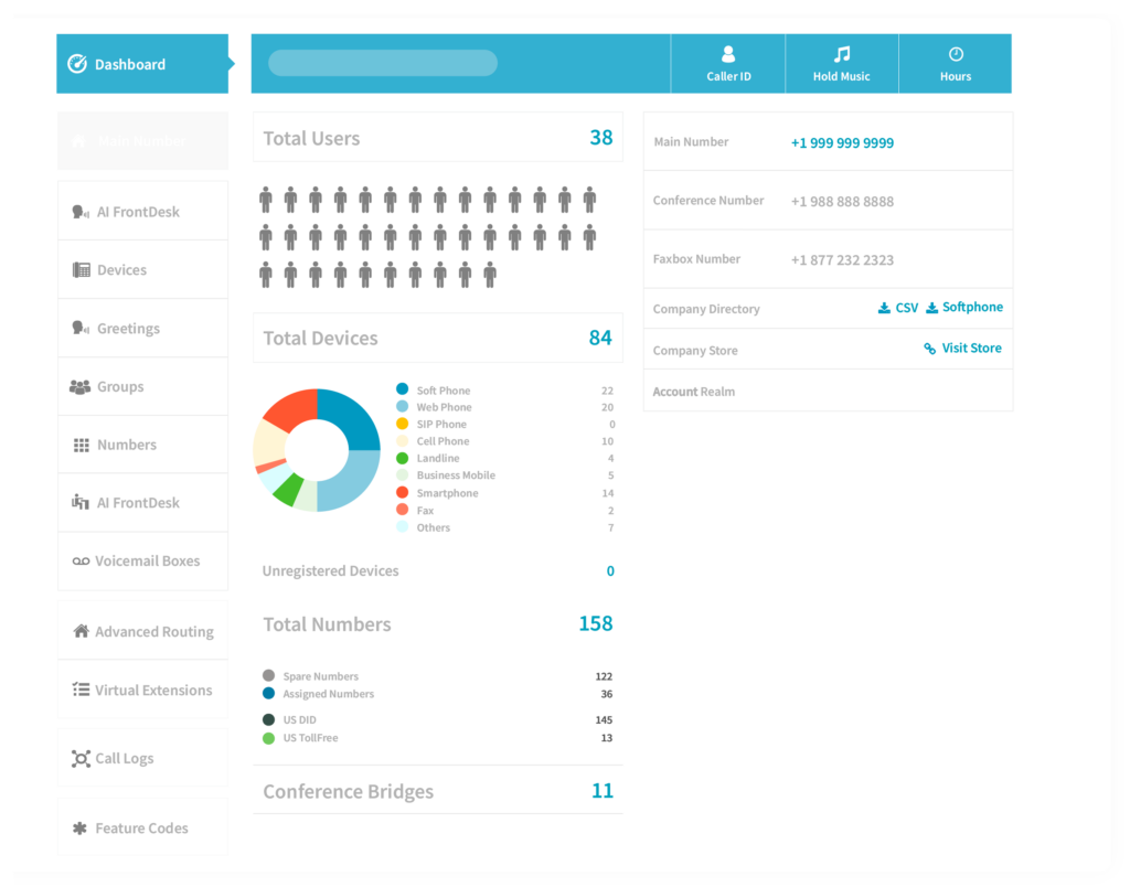 Translucent preview of the Smarter Voice business phone system management dashboard.
