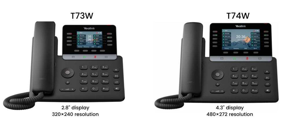 Side-by-side comparison of the Yealink T73W and T74W desk phones, showing their 2.8-inch and 4.3-inch displays.